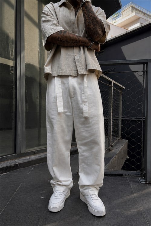Ekru Baggy Keten Pantolon