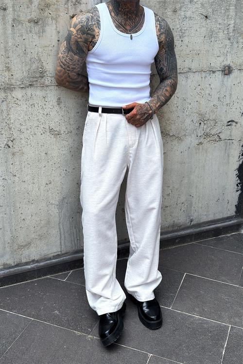 Ekru Keten Ekstra Baggy Pantolon