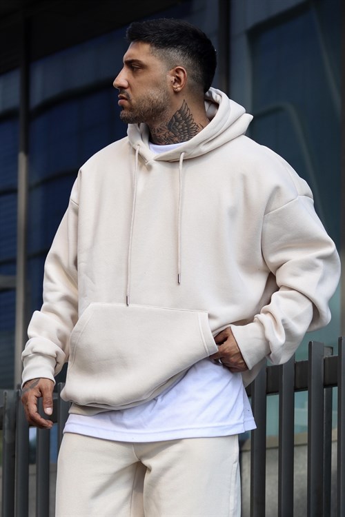 Ekru oversize 3 iplik hoodie