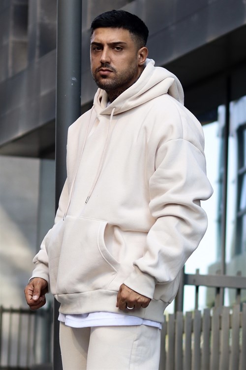 Ekru oversize 3 iplik hoodie