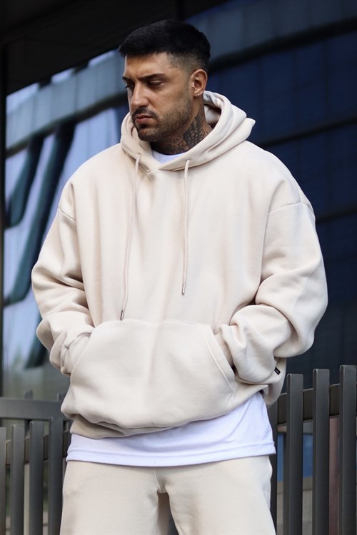 Ekru oversize 3 iplik hoodie