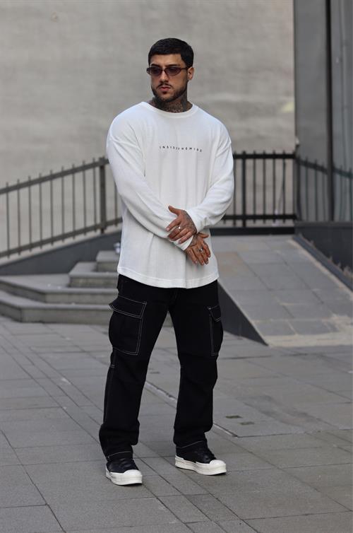 Fitilli beyaz sweatshirt