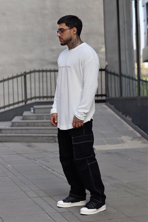 Fitilli beyaz sweatshirt