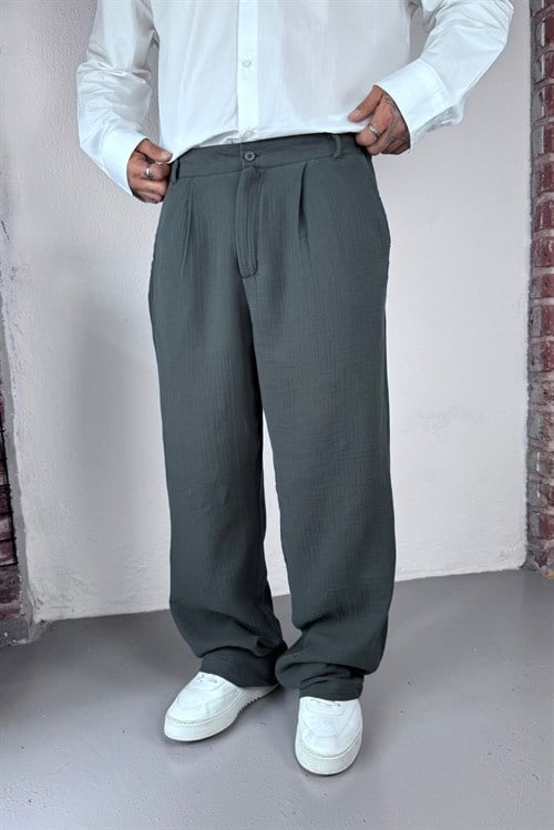 Haki Baggy Keten Pantolon