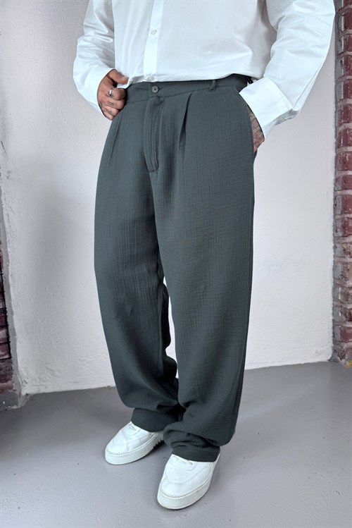 Haki Baggy Keten Pantolon