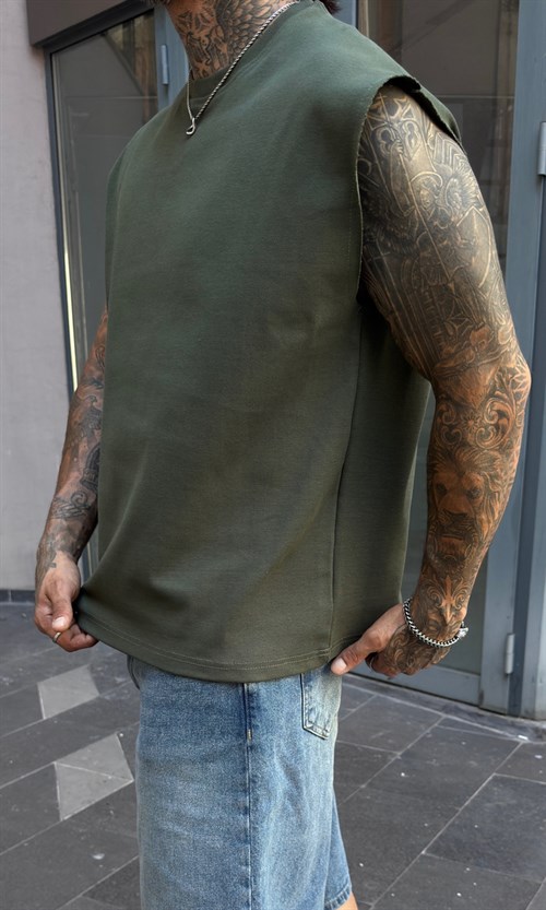 Haki Oversize Kesik Kol Atlet