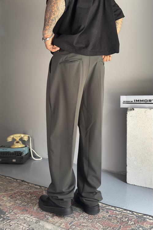 Haki pileli kumaş pantolon