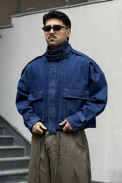 İndigo Preminium Crop Oversize Ceket