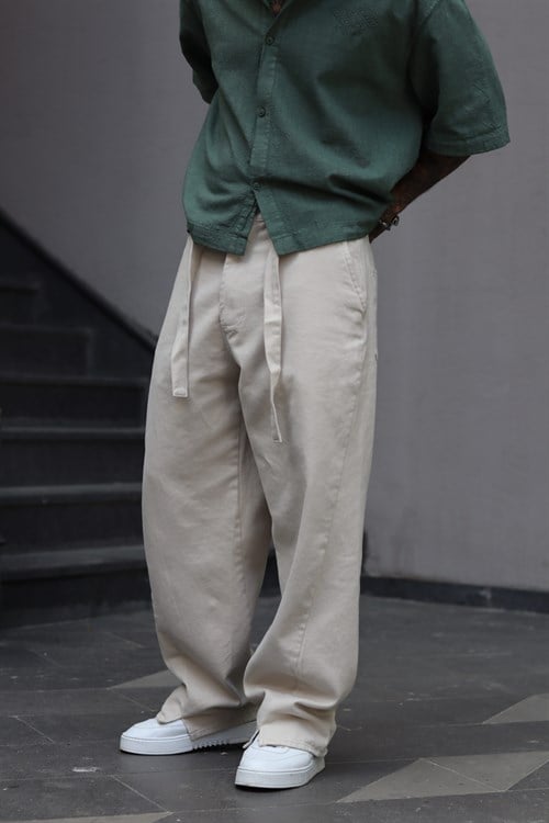 Kemerli Ekru Baggy Pantolon