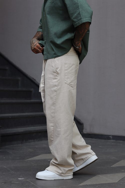 Kemerli Ekru Baggy Pantolon
