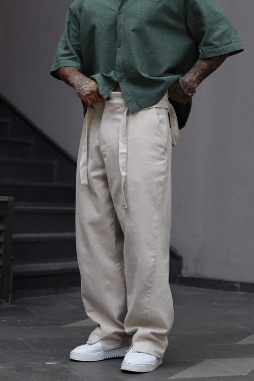 Kemerli Ekru Baggy Pantolon