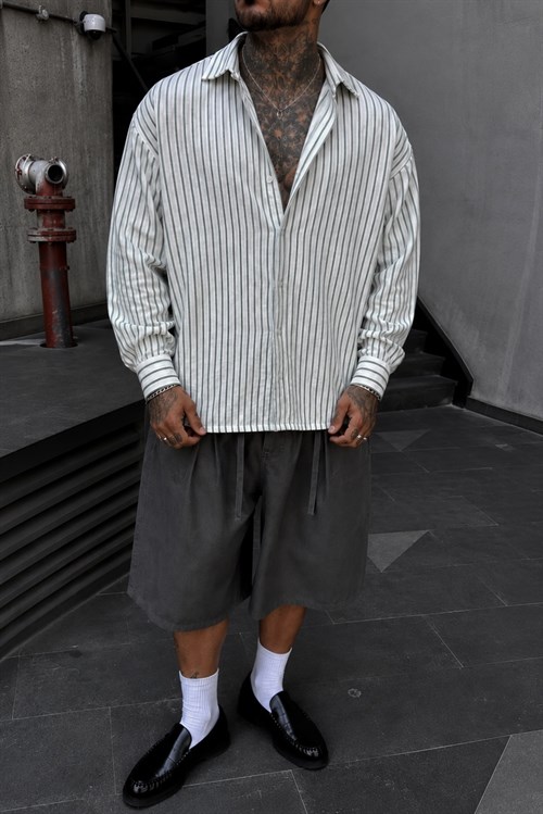 Keten Çizgili Oversize Gömlek