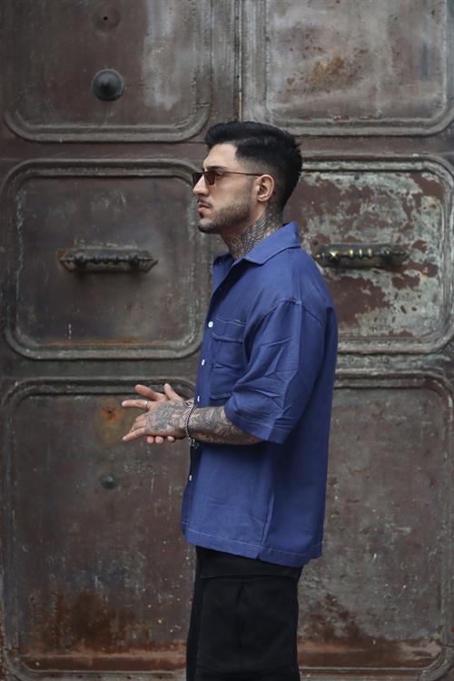 Mavi dikiş detaylı oversize gömlek