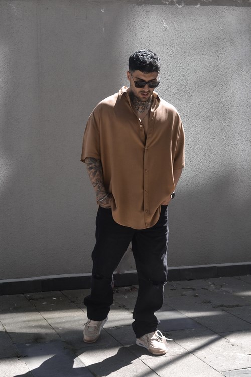 Oversize basic brown gömlek