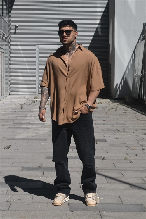 Oversize basic brown gömlek