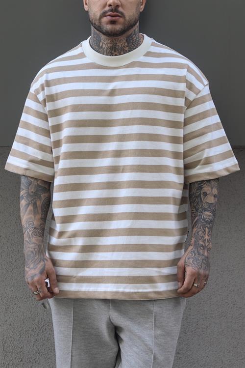 Oversize beige şerit tshirt