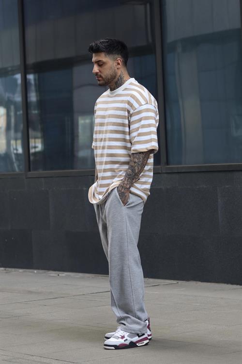 Oversize beige şerit tshirt