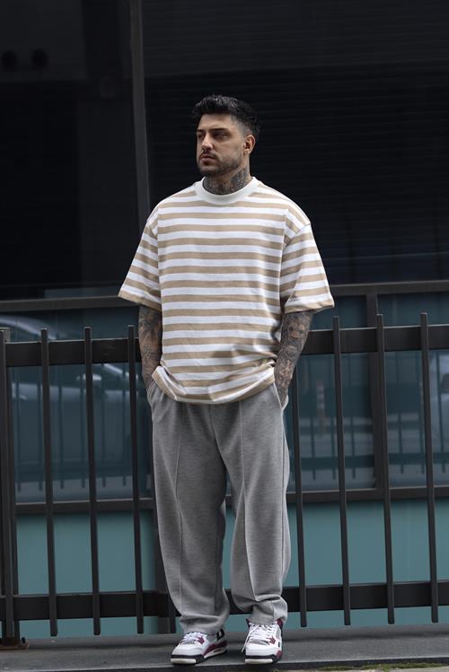 Oversize beige şerit tshirt