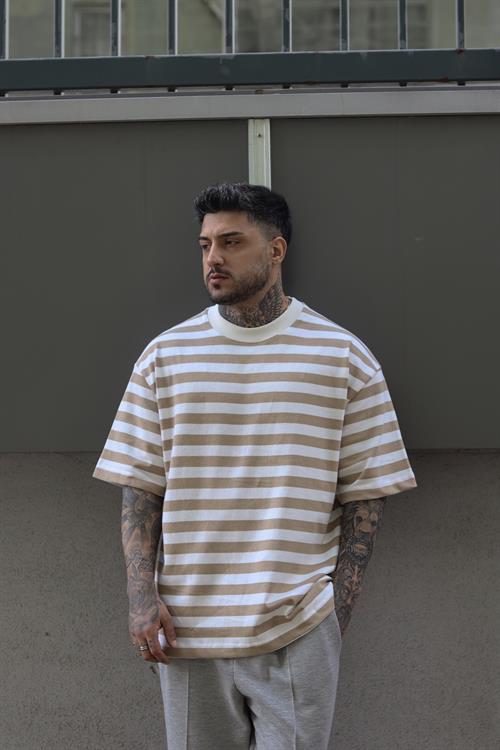 Oversize beige şerit tshirt