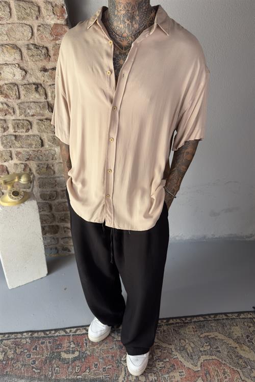 Oversize bej kısa kollu gömlek