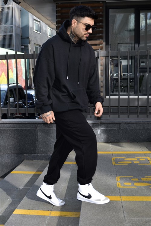 Oversize black kapşonlu track suit