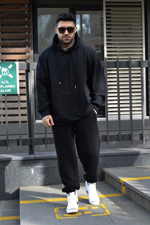 Oversize black kapşonlu track suit