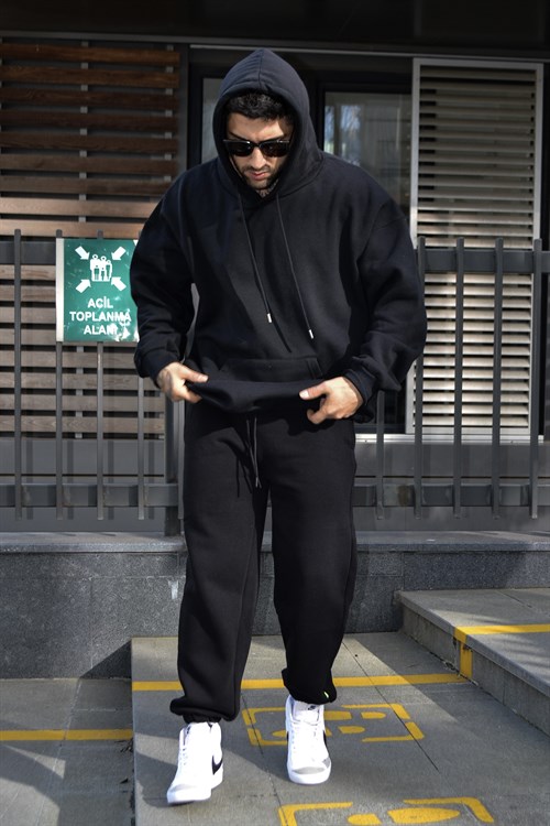 Oversize black kapşonlu track suit