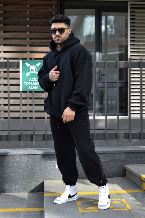 Oversize black kapşonlu track suit