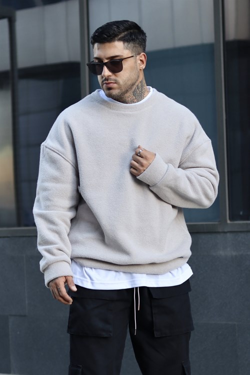 Oversize buz gri havlu polar sweatshirt