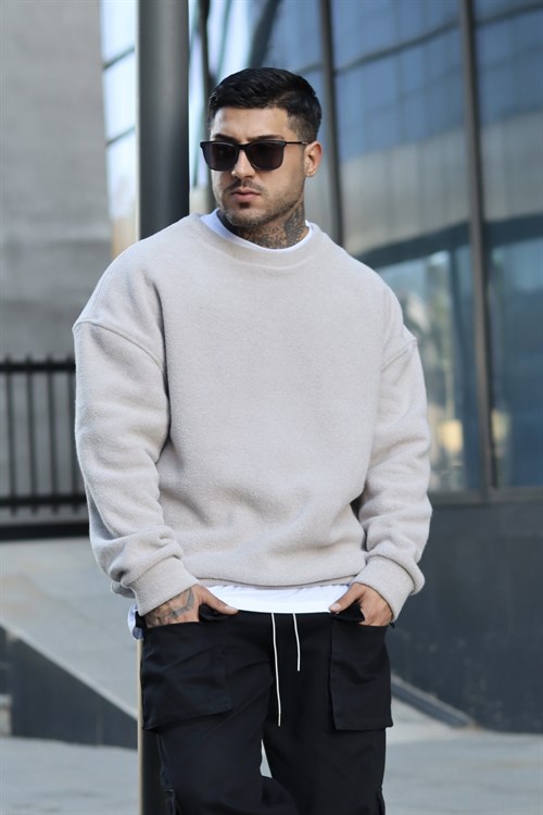 Oversize buz gri havlu polar sweatshirt