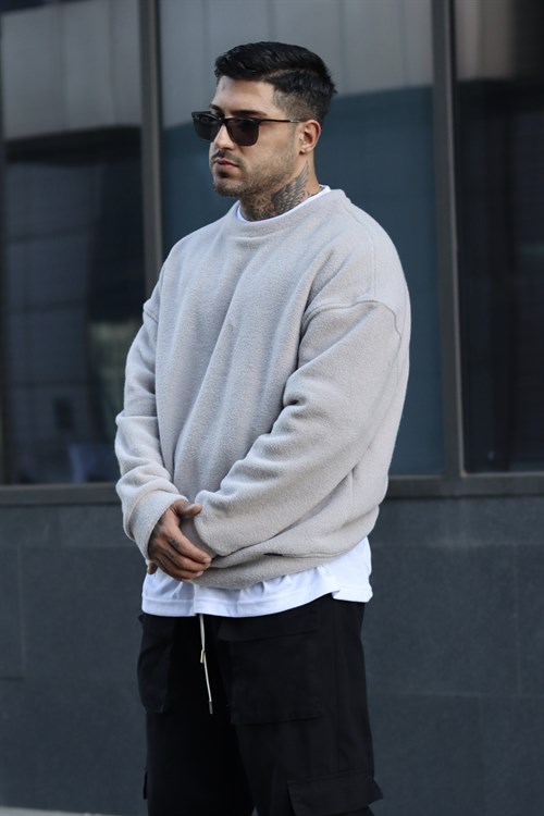 Oversize buz gri havlu polar sweatshirt