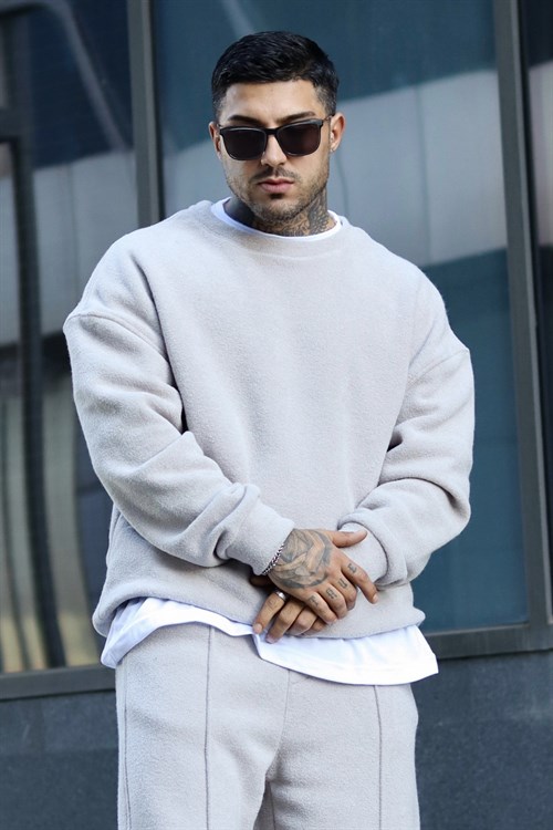 Oversize buz gri havlu polar sweatshirt