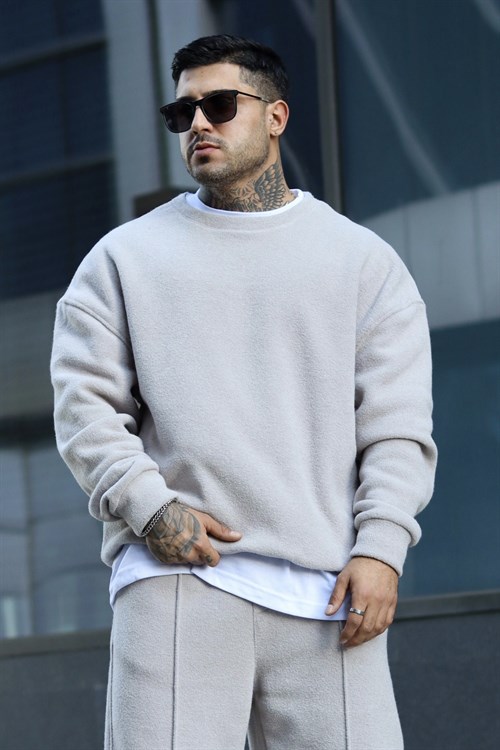 Oversize buz gri havlu polar sweatshirt