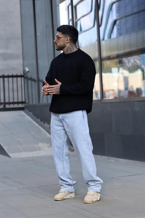 Oversize fitilli siyah kazak