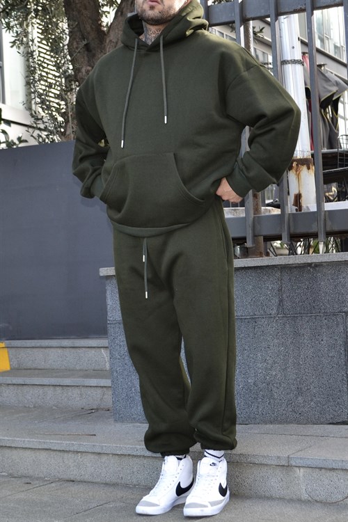 Oversize khaki track suit kapşonlu