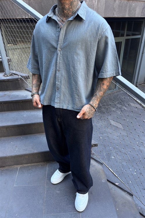 Oversize Minimal Baskı Keten Gömlek