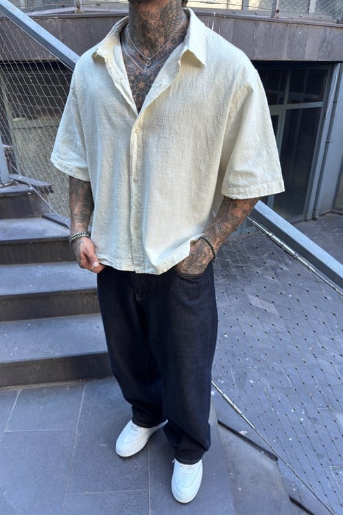 Oversize Minimal Baskı Keten Gömlek