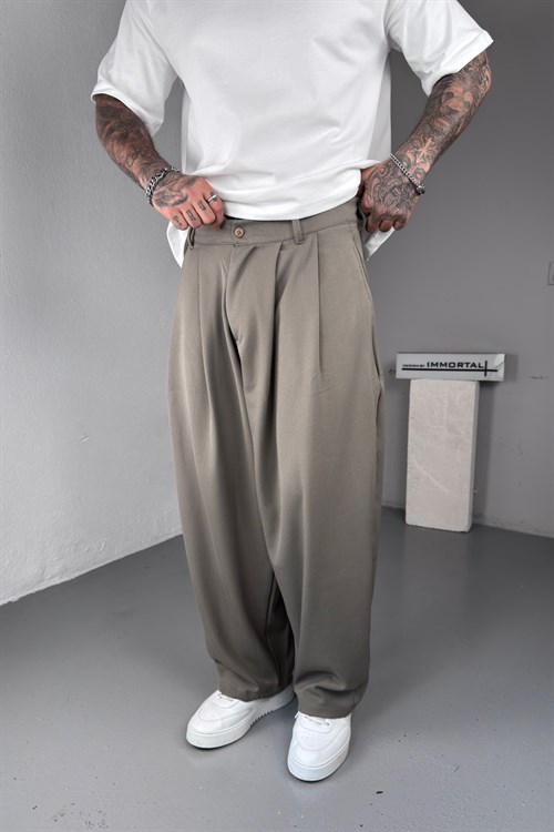 Pileli Haki Ekstra Baggy Kumaş Pantolon