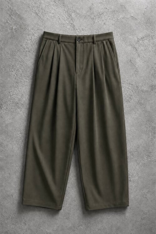 Pileli Haki Ekstra Baggy Kumaş Pantolon