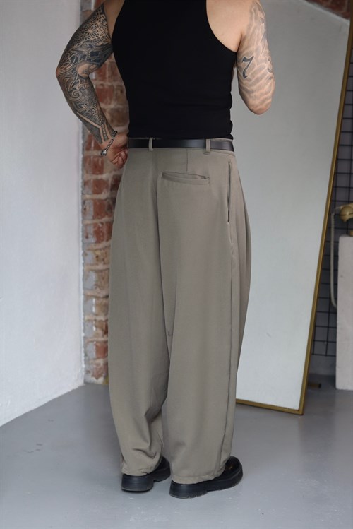 Pileli Haki Ekstra Baggy Kumaş Pantolon