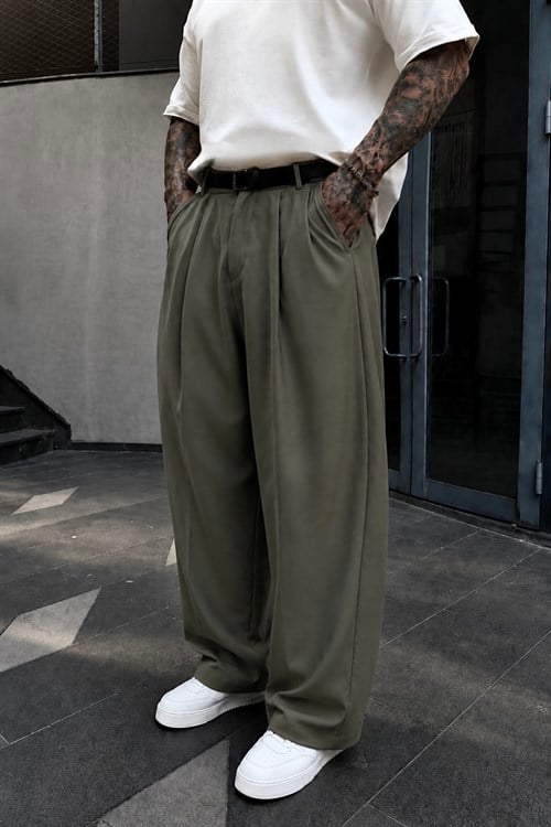 Pileli Haki Ekstra Baggy Kumaş Pantolon