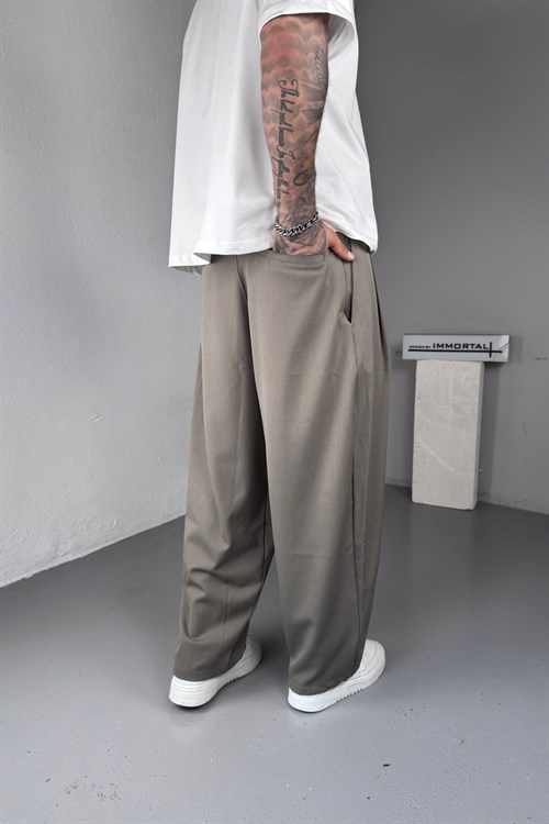 Pileli Haki Ekstra Baggy Kumaş Pantolon