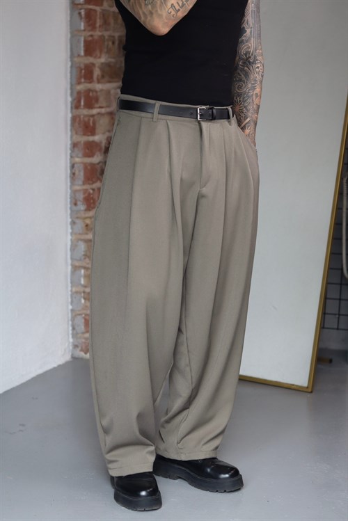 Pileli Haki Ekstra Baggy Kumaş Pantolon