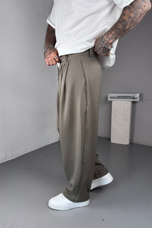 Pileli Haki Ekstra Baggy Kumaş Pantolon