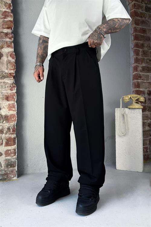 Pileli Siyah Baggy Kumaş Pantolon