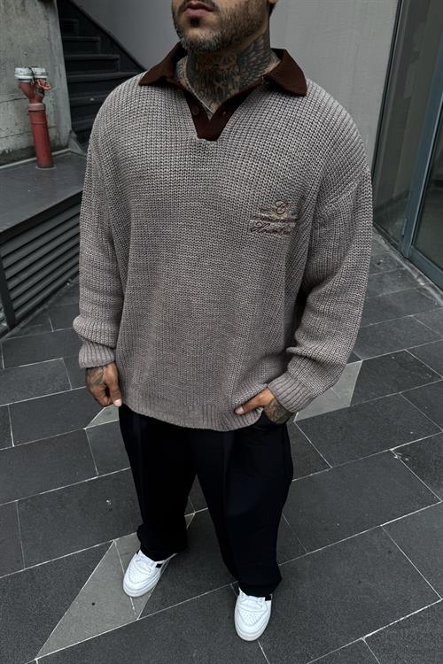 Polo yaka oversize örme kazak
