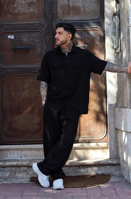 Siyah keten oversize takım