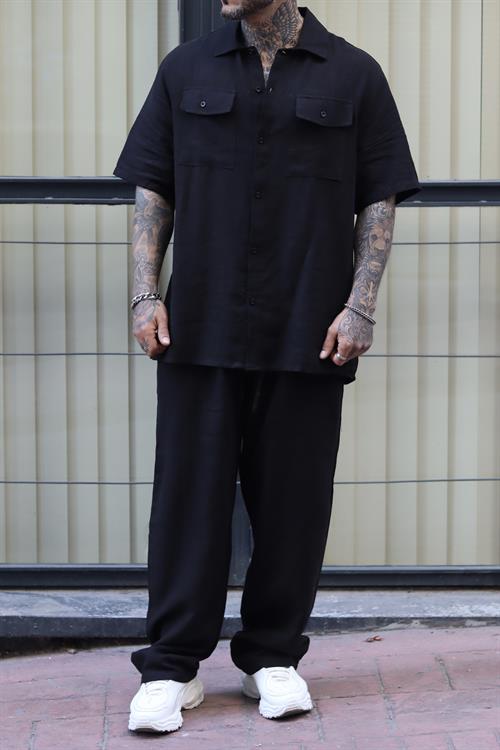 Siyah keten oversize takım