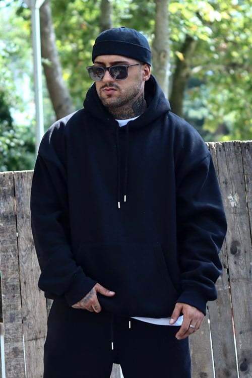 Siyah oversize 3 iplik hoodie