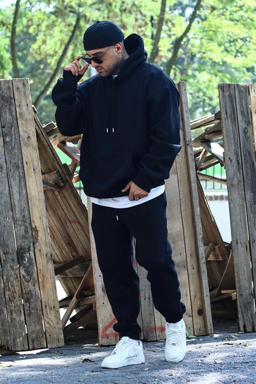 Siyah oversize 3 iplik hoodie
